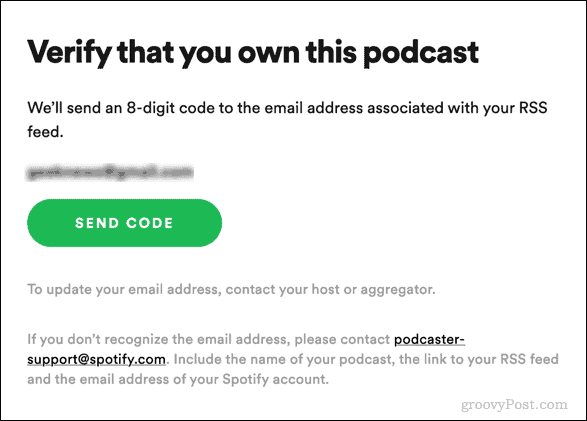 atsiųskite „Spotify“ podcast'o patvirtinimo kodą