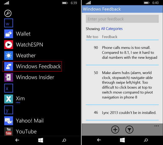 Siųsti atsiliepimą apie „Windows 10“, skirtą telefonams, paprasčiausias būdas