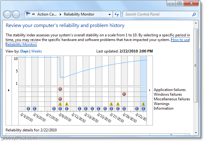 Kaip naudoti patikimumo istorijos įrankį, norint diagnozuoti „Windows 7“ problemas