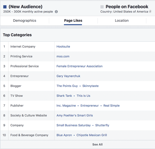 Puslapis patinka „Facebook“ skelbimų tvarkyklėje pagal pomėgius.