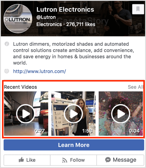 „Facebook“ puslapio peržiūra, kurioje rodomi naujausi vaizdo įrašai.