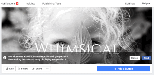 Nuvilkite „Facebook“ viršelio vaizdo įrašą, kad jį pakeistumėte.
