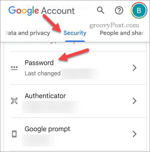 Atidarykite „Google“ paskyros slaptažodžio nustatymus