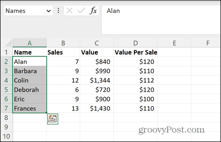 Excel pasirinktas pavadintas diapazonas