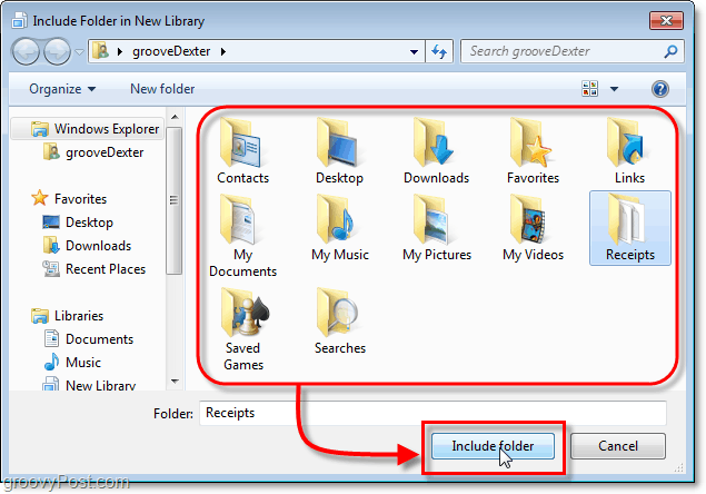 pasirinkite aplanką, kurį norite įtraukti į „Windows 7“ bibliotekas