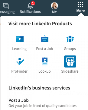 „LinkedIn“ skiltyje „Daugiau“ rasite daug tiesioginių nuorodų. Čia taip pat galite sukurti įmonės puslapį.
