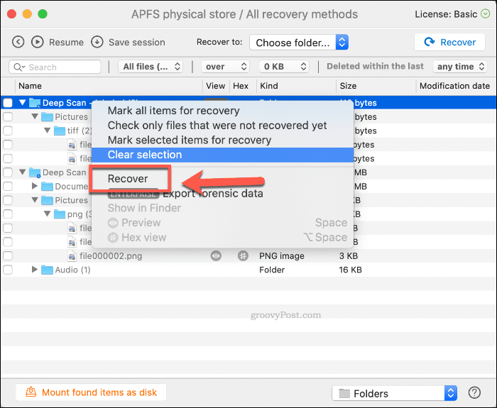 Ištrintų failų atkūrimas naudojant „MacOS“ disko gręžtuvą