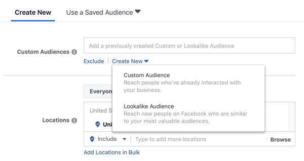 „Facebook“ potencialių klientų skelbimų kampanijos pasirinktinės auditorijos arba panašios auditorijos naudojimo parinktys.