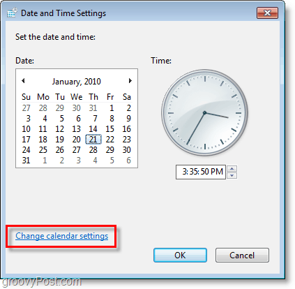 „Windows 7“ ekrano kopija - pakeiskite kalendoriaus parametrus
