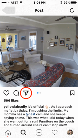 Jei „Nest“ norėjo susisiekti su šiuo „Instagram“ vartotoju, kad gautų leidimą naudoti jų turinį, jie galėtų pradėti ryšį palietę tiesioginio pranešimo piktogramą.