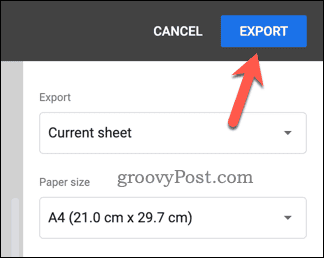 Eksportuoti „Google“ skaičiuokles į PDF mygtuką