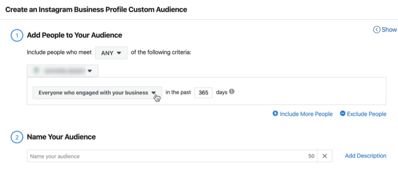 lango „Kurti„ Instagram “verslo profilį tinkintos auditorijos“ ekrano kopija su numatytaisiais nustatymais „Visi, kurie užsiėmė jūsų verslu per pastarąsias 365 dienas“