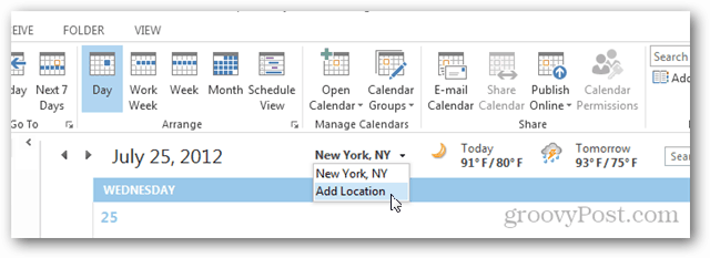 „Outlook 2013“ kalendoriaus orų kelionė - spustelėkite Pridėti vietą