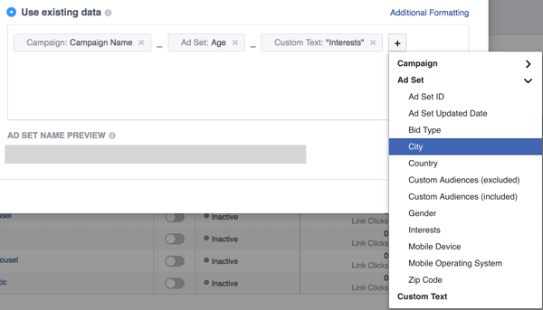 Pridėkite laukų, kad nustatytumėte „Facebook“ skelbimų pavadinimo tvarką.