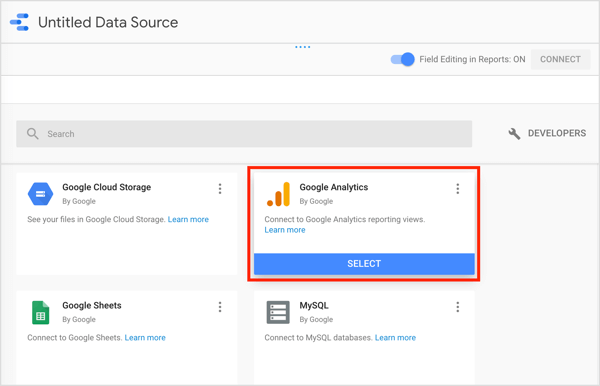 „Google Data Studio“ pasirinkite „Google Analytics“ jungtį.