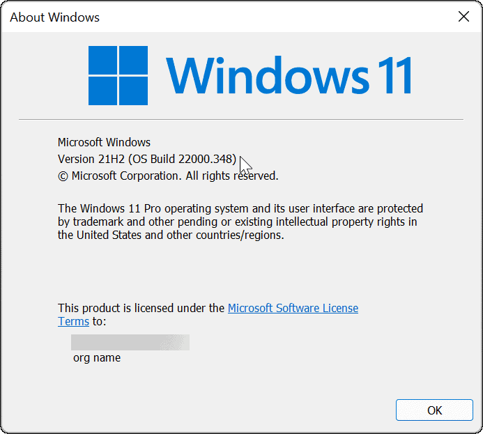 „Windows 11“ versija ir kūrimas naudojant komandą „Winver“.