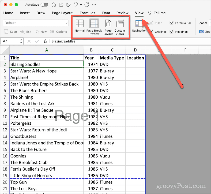 Peržiūrėkite juostelę programoje „Excel“.