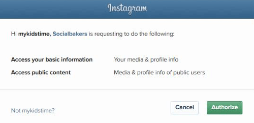 Įgaliokite „Socialbakers“ pasiekti jūsų „Instagram“ paskyros informaciją.
