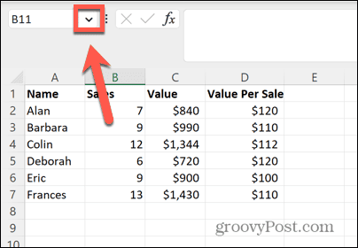 Excel vardo laukelio rodyklė