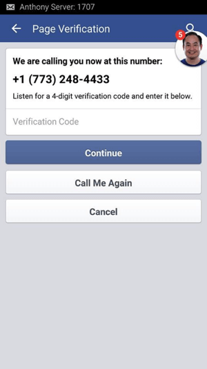 Palaukite „Facebook“ skambučio ir užrašykite jums suteiktą 4 skaitmenų patvirtinimo kodą.