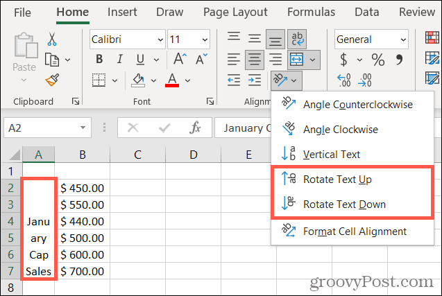 „Excel“ pasukite tekstą aukštyn arba žemyn