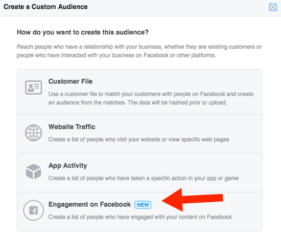 Nustatykite pasirinktą „Facebook“ auditoriją pagal įsitraukimą.