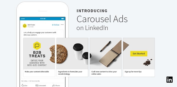 „LinkedIn“ išleido naujus reklamuojamo turinio karuselinius skelbimus, kuriuose gali būti iki 10 pritaikytų, perbraukiamų kortelių.