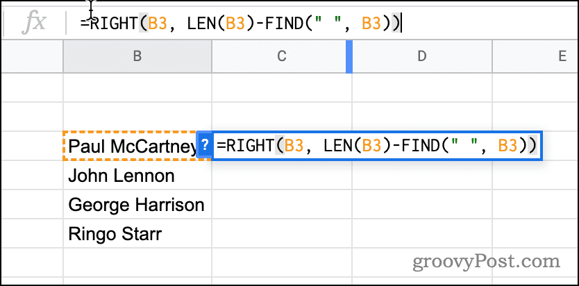 Formulė naudojant RIGHT „Google“ skaičiuoklėse