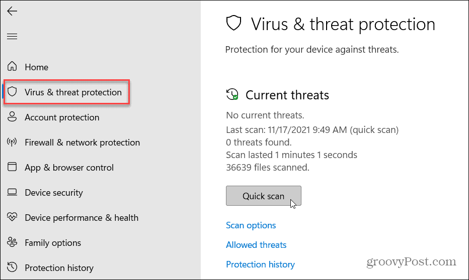 Apsauga nuo virusų ir grėsmių „Windows 11“.