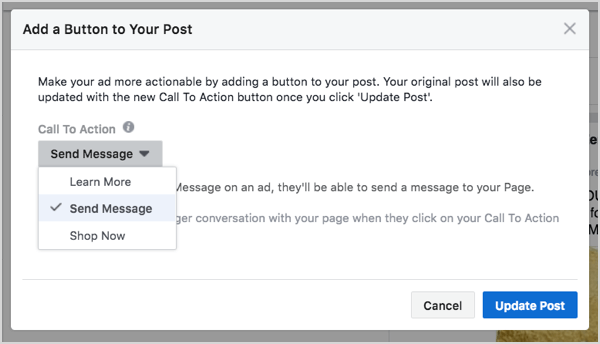 „Facebook Messenger“ mygtuko pasirinkimas kuriant skelbimą.