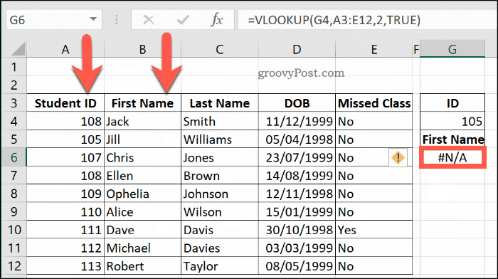 Kitas „NA“ klaidos, susijusios su „VLOOKUP“, „Excel“, pavyzdys: netinkamas duomenų diapazonas
