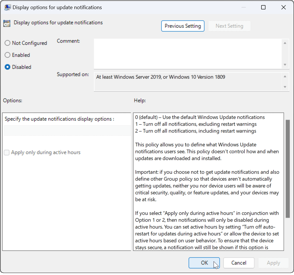 Išjunkite naujinimo pranešimus sistemoje „Windows 11“.