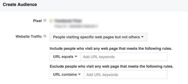 Sukurkite „Facebook“ pasirinktą auditoriją žmonių, kurie lankosi tam tikruose jūsų svetainės puslapiuose.