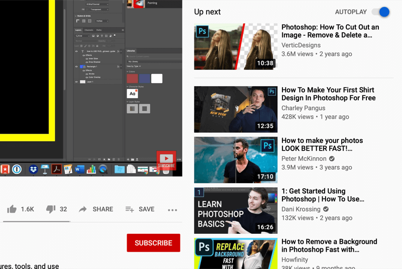 „YouTube“ vaizdo įrašų žiūrėjimo ekranas, kuriame dešinėje ekrano pusėje rodomi automatiškai leidžiami vaizdo įrašai, rekomenduojami „YouTube“, atsižvelgiant į tai, kas žiūrima