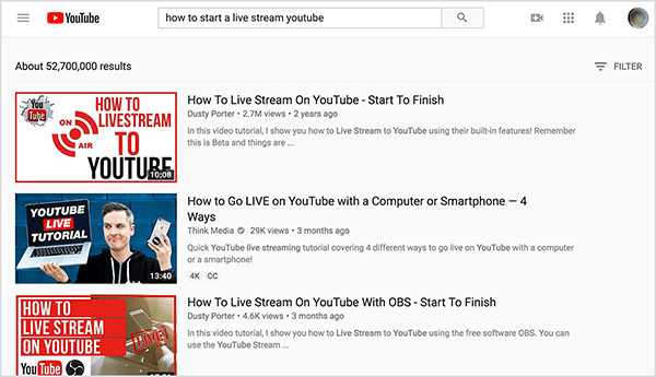 Ieškokite „YouTube“, kaip pradėti „YouTube“ tiesioginį srautą, o geriausiuose paieškos rezultatuose rodomi du Dusty Porterio vaizdo įrašai.