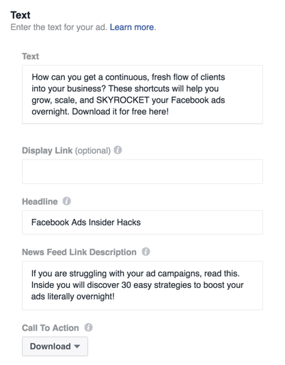 Norėdami nustatyti „Facebook“ skelbimą, užpildykite išsamią informaciją.