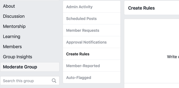 Kaip patobulinti „Facebook“ grupės bendruomenę, „Facebook“ meniu parinktis, kad būtų sukurtos taisyklės, skirtos grupei prižiūrėti