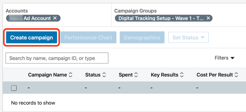 linkedin kampanijos grupėje sukurkite kampanijos mygtuką