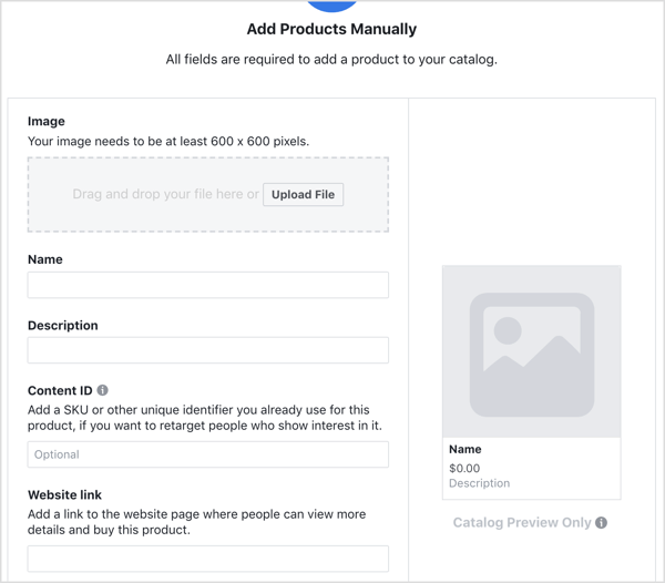 Įveskite išsamią informaciją, jei norite pridėti produktą prie „Facebook“ katalogo.