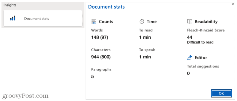 „Microsoft“ redaktoriaus dokumentų statistika