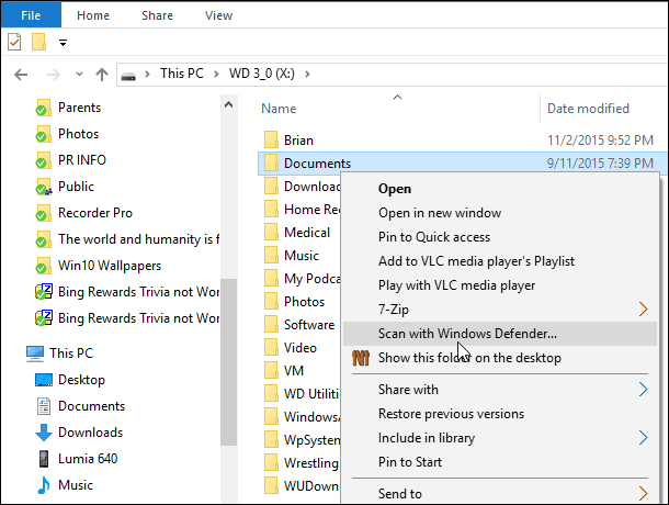 Nuskaitykite kenkėjiškų programų failus ir aplankus naudodami „Windows 10 Defender“
