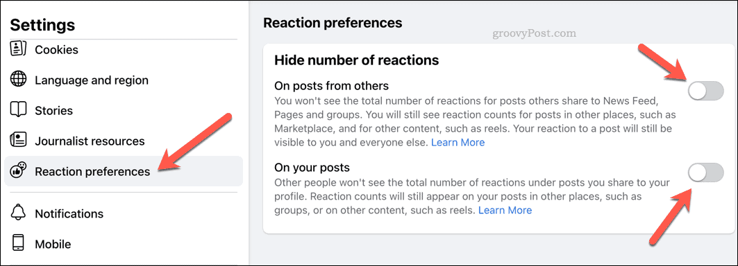 Pakeiskite reakcijos nuostatas „Facebook“.