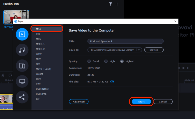 eksportuoti vaizdo failą į „Movavi Video Editor Plus“