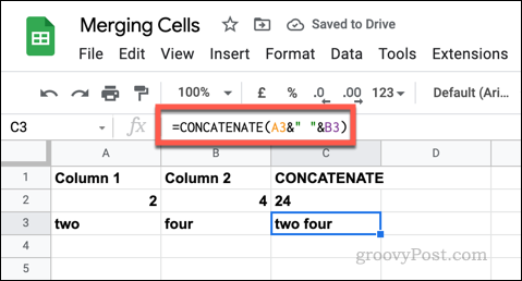 Formulės CONCATENATE pavyzdys „Google“ skaičiuoklėse naudojant tuščias teksto eilutes