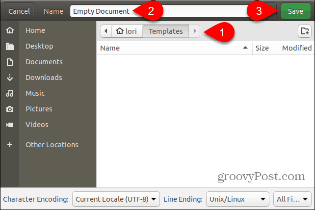 Išsaugokite tuščio dokumento šablono failą „Ubuntu“ aplanke „Šablonai“
