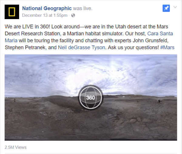 Šią savaitę „Facebook“ pradėjo „Live 360“ vaizdo įrašą su „National Geographic“ ataskaita iš Marso dykumos tyrimų stoties įrenginio Jutoje.