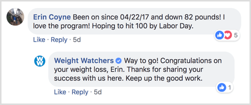 „Facebook“ puslapio atsakymo į vartotojo komentarą pavyzdys