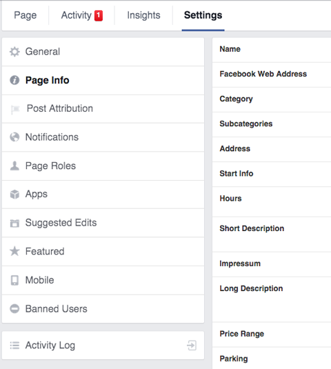 „Facebook“ puslapio informacijos nustatymų skirtukas