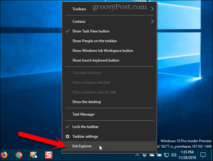 „Windows 10“ užduočių juostos kontekstiniame meniu pasirinkite Išeiti iš naršyklės