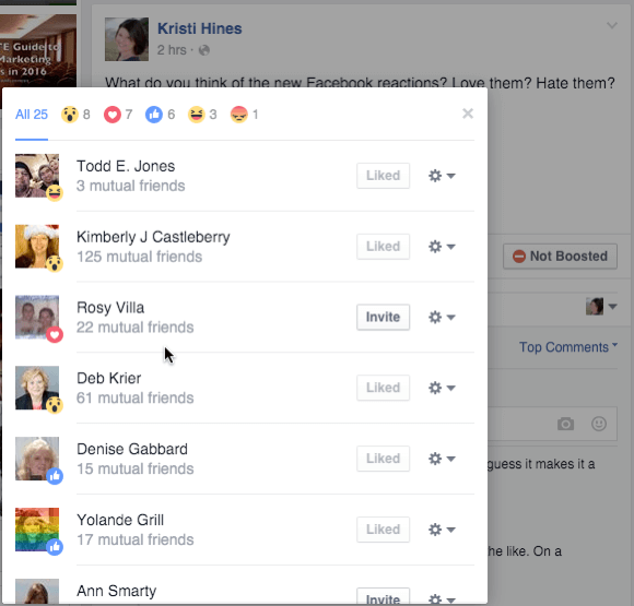 „Facebook“ reakcijos informacija iš įrašo